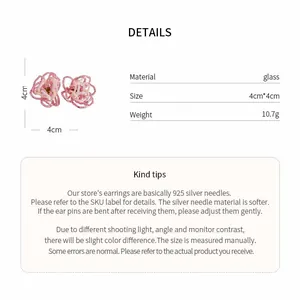 Detailed specs for elegant pink beaded glass flower earrings with 925 silver needles.
