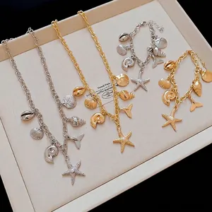 Ozean Thema Muschel Seestern Meerschnecke Anhänger Halskette Armband Set Legierung Künstliche Perle Schmuck Für Damen Sommer Urlaub Mode Geschenk