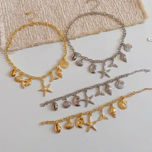 Stilvolles Meeres-Schmuckset mit Muscheln und Seesternen, Halskette und Armband in Gold und Silber