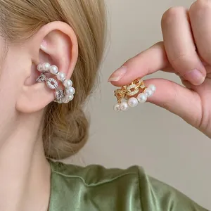 Double Layer Artificial Pearl Rhinestone Ear Cuff Clip Earrings For Women Non Pierced Alloy Light Luxury Fashion Jewelry Elegant Small Ear Bone Clip