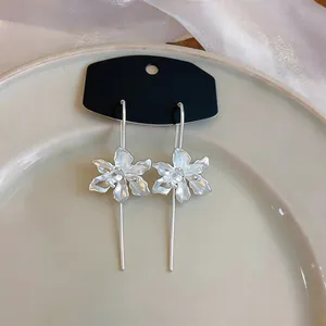 Elegante silberne Blumen-Ohrringe mit langen Metallquasten auf Displaykarte