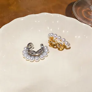Elegant pearl and zircon ear cuffs with chain-link design for non-pierced ears