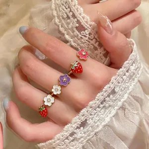 Dopamine Style Strawberry Flower Open Ring Alloy Enamel Rhinestone Adjustable Ring For Women Exquisite Finger Jewelry