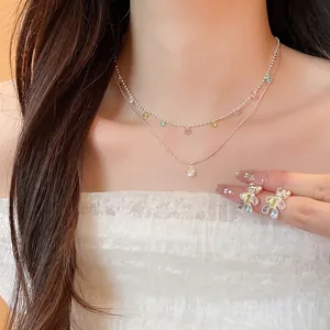 Ensemble de Bijoux Ours Multicolore Exquis Collier Double Couche en Cuivre Zirconia Boucles d'Oreilles Clous pour Femmes
