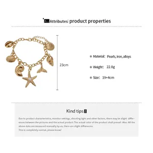 Goldenes Armband mit Meeresmotiven wie Muscheln und Seesternen samt Spezifikationen