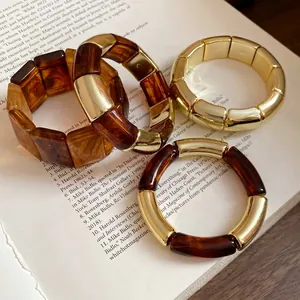 Minimalist Maillard Style Acrylic Metal Splicing Bracelet For Women Vintage Geometric Circular Hand Chain Fashion Jewelry Gift