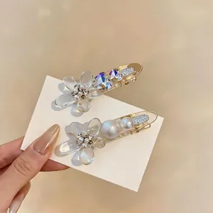 Elegant French style acrylic flower and pearl hair clips with sparkling crystals