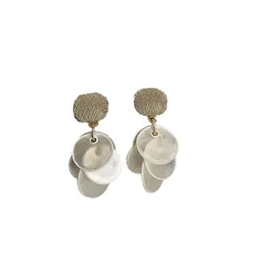 Elegant silver needle earrings featuring round iridescent cat's eye stone tassel pendants.