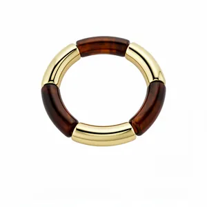 Elegant minimalist acrylic and gold-tone metal spliced bangle with tortoise shell pattern