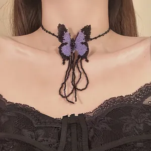 Vintage Lila Perlen Schmetterling Halskette Für Damen Gothic Stil Glasperlen Quaste Choker Halsschmuck Geschenk