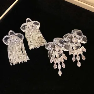 Orecchini a Bottone con Nappa a Fiore in Resina Trasparente Esagerati per Donna Orecchini Pendenti con Catena in Rame Zirconia di Alta Gamma di Nicchia Con Perno in Argento Sterling 925