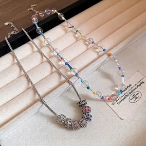 Bohemian style crystal beaded necklace and silver snake chain with colorful rhinestones charms