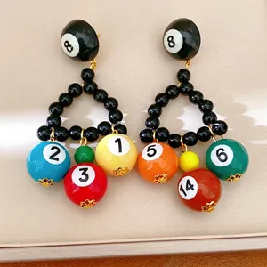 Boucles d'Oreilles Pendantes en Résine Boule de Billard pour Femmes Fait Main Sportif Numéro 8 Billard Perles Géométriques Tige Argent Bijoux