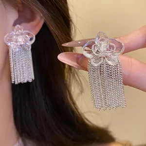 Eleganti orecchini a lobo in argento con fiori di resina zircone e lunghe nappe