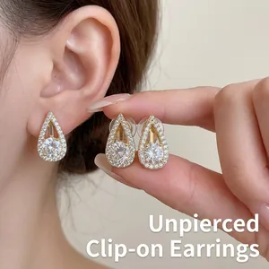 18K Gold Plated Water Drop Zirconia Clip On Earrings Luxurious Non Pierced Copper Zirconia Earrings For Women Fashion Jewelry Gift