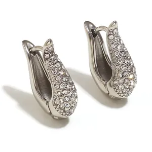 Elegant silver-tone stainless steel hoop earrings encrusted with sparkling crystals