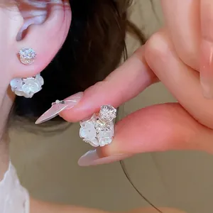 Korean Sweet Flower Artificial Pearl Front-Back Stud Earrings For Women Alloy Zirconia Light Luxury Design Silver Post Jewelry