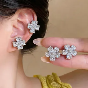 Korean Style Zirconia Flower Stud Earrings For Women Copper Inlaid Zircon 925 Sterling Silver Earring Post Jewelry Gift