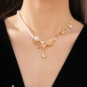 Asymmetric Artificial Pearl Necklace With Bowknot Bee Flower Pendant Light Luxury Zirconia Clavicle Chain For Women Fashion Jewelry
