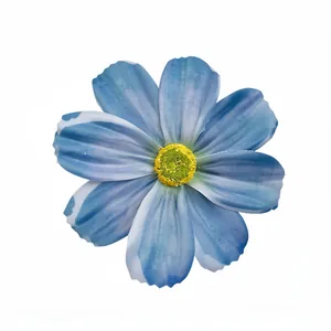 Barrette à cheveux en fleur de tissu bleu style forêt avec texture de pétale réaliste et jaune