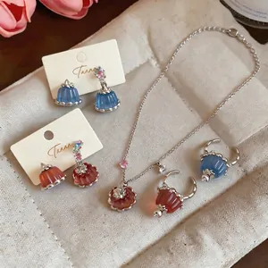 Elegant resin pudding jewelry set featuring zircon necklace, earrings and rings