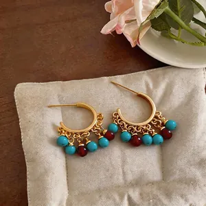 Ethnic style 18k gold plated C-shape hoop earrings with turquoise and red beads