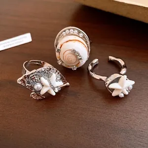 Bagues bohèmes élégantes en forme de coquillage et d'étoile de mer avec perles