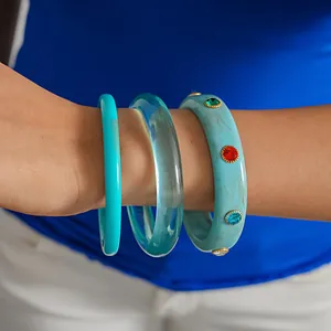 Vintage Resin Marble Pattern Rhinestone Bangle Bracelet Set For Women Fashion Retro Jewelry Gift