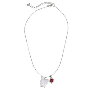 Élégant collier argenté ajustable avec silhouette de chat blanc et pendentif cœur rouge