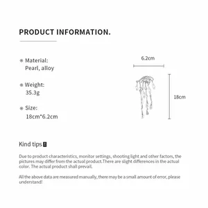 Detailed specifications for the pearl eye tassel brooch with 18cm length and alloy material.