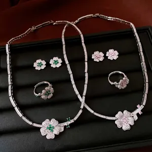 Luxurious Zirconia Flower Jewelry For Women Copper Silver Plated Pink Green Zircon Crystal Earrings Ring Necklace Accessories