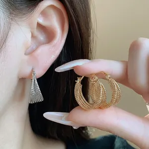 Luxury Copper Round Hoop Earrings With 925 Sterling Silver Earring Post 18K Real Gold Plated Mesh Texture Fashion Jewelry Women Accessory
