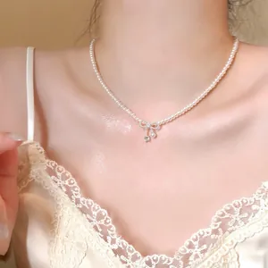 Elegant Artificial Pearl Bow Knot Pendant Necklace For Women High-End Zirconia Clavicle Chain French Style Fashion Choker Jewelry Accessories