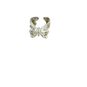 Elegant silver zircon butterfly hollow open ring with palace style design