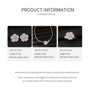 Detailed size and material info for pink zircon flower necklace and ring set.