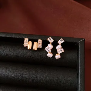 French Elegant Oval Artificial Pearl Zirconia Stud Earrings 925 Sterling Silver Earring Post Gold Plated Copper Jewelry For Women