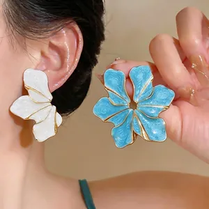 Exaggerated Metal Style Dripping Oil Petal Stud Earrings Vintage Enamel Flower Jewelry 925 Sterling Silver Post For Women