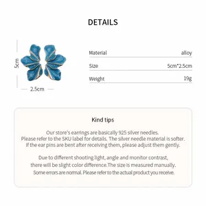 Detailed view of blue enamel petal earrings with alloy size and material specifications