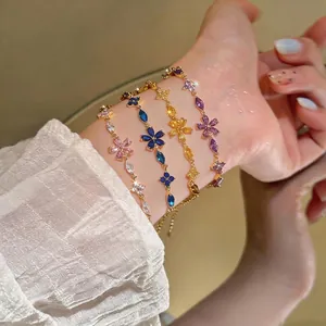 French Luxury Zirconia Flower Pendant Bracelet For Women Gold Plated Adjustable Copper Link Bracelet Floral Hand Jewelry