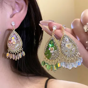 Boheemse Hars Bloem Waterdruppel Kwastje Oorbellen Voor Vrouwen Ingelegd Strass Etnische Stijl 925 Sterling Zilver Stift Sieraden