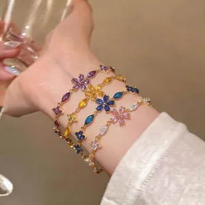 Elegant French style zircon flower bracelets in multiple colors for women.
