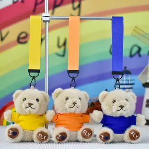 Set of 3 plush teddy bear keychains with colorful shirts and matching hanging straps