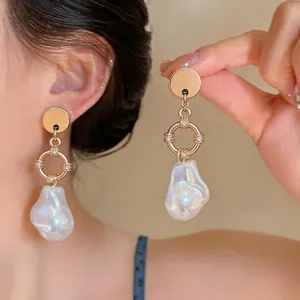 French Baroque Irregular Artificial Pearl Drop Earrings Alloy Gold Plated Rhinestone 925 Sterling Silver Post For Women