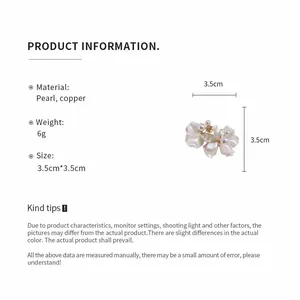 Detailed view of pearl flower petal clip-on earrings with size and material specifications.