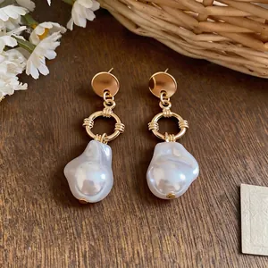 Elegant French Baroque irregular pearl drop earrings in vintage gold finish for women