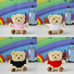 Four adorable mini teddy bear plush keychains wearing colorful T-shirts for gifts