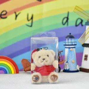 Close-up of a plush teddy bear keychain in its clear protective display box