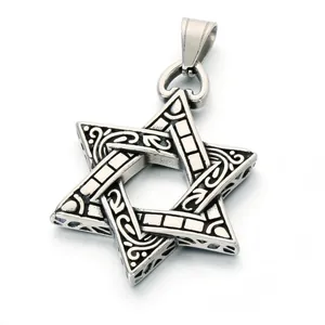 Vintage mysterious Hebrew Star of David stainless steel hexagram pendant necklace