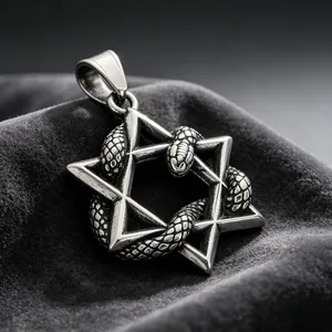 Detailed view of a vintage stainless steel hexagram pendant with entwined snake