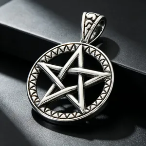 Close-up of a stainless steel pentagram circle pendant for men with intricate detailing
